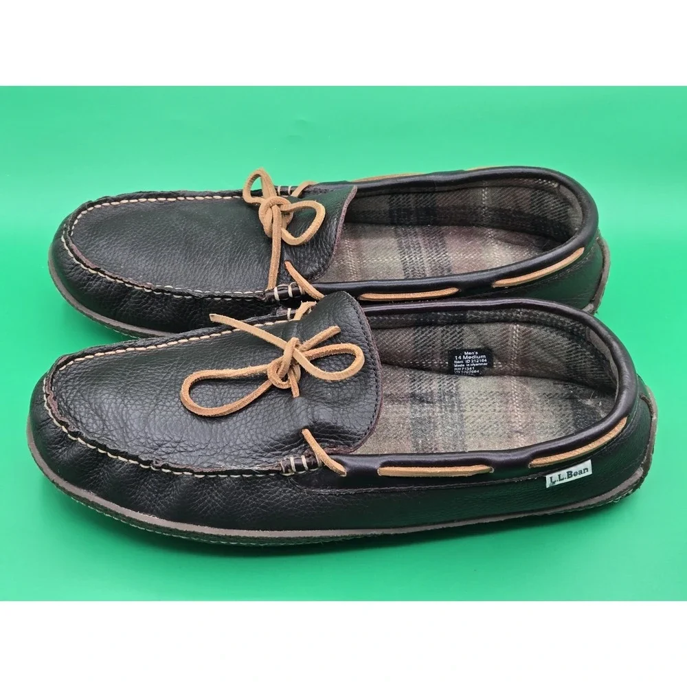 LL Bean Mens 14 Leather Moccasin Flannel Lined Slippers Loafer Shoe 212164 Brown